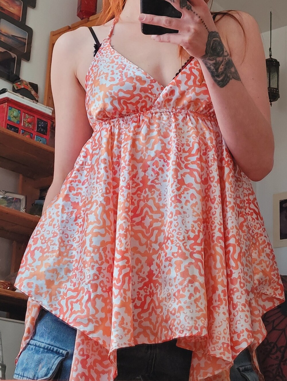 La SENZA Vintage Y2k Orange & White Leopard Print Satin Asymmetrical Chemise - M - Picture 9 of 9